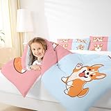Picture of Kids Cartoon Dog Full Size Comforter Set Doggy Corgi Family Pet Theme Bedding Gift for Kids Girls Room Pink Blue Bottom Quilted Duvet with 2 Pillowcase,3 Pcs