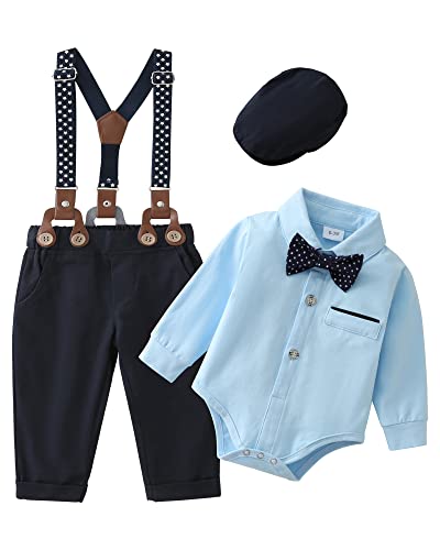 Image of ZOEREA Baby Boy Suit 0-24M Gentleman Outfit Clothes Set Infant Long Sleeve Dress Shirt+Suspender Pants+Bowtie+Beret Hat