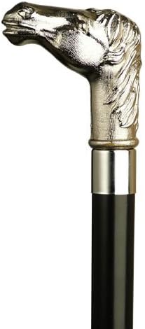 Walking Cane - Silver Ladies plastic golf shaped horse head handle, black wood shaft, 36" long with rubber tip. Available in silver or gold finish.