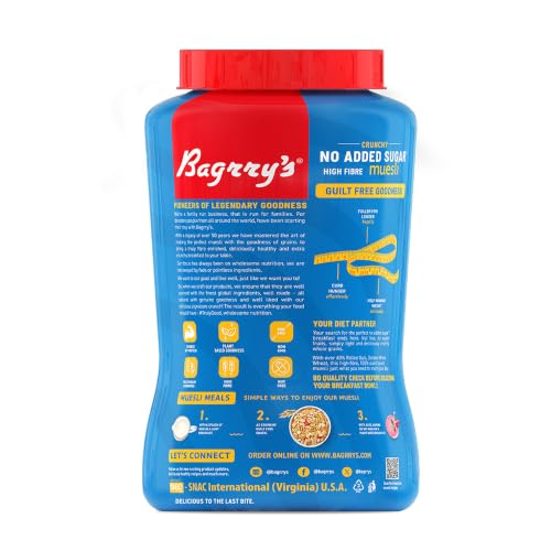 Image of Bagrry's No Added Sugar Muesli 2kg (Pack of 2, 1kg Each) Jar | 0% Added Sugar | 90% Whole Grains | 60% Fibre Rich Oats | High Fibre & Source of Protein | Plant-Based Breakfast Cereal | No Nuts, No Corn Flakes | No Preservatives | No Palm Oil