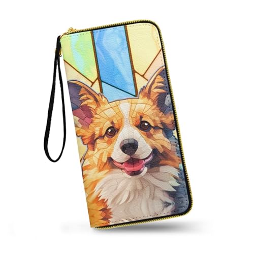 Corgi Puppy Long Wallet Credit Card Holder Clutch for Women, Mosaic Art Dog Print Ladies Purse Phone Case Slim Purse with Wrist Strap