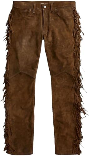 Men's Traditional Native American Cowboy Western Buckskin Leather Pant Gold with Fringes Trouser Style