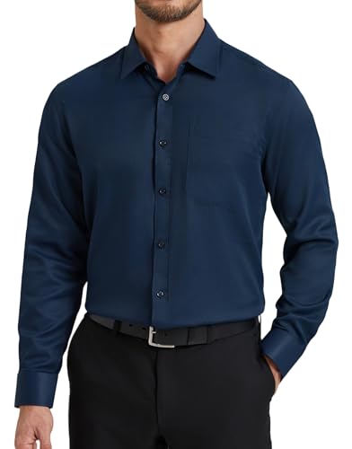 HISDERN Camisas Hombre Manga Larga de Vestir Formal Camisa Azul Marino Hombre Boda de Algodón con Bolsillo Botones Regular Fit Elegante Fiesta L