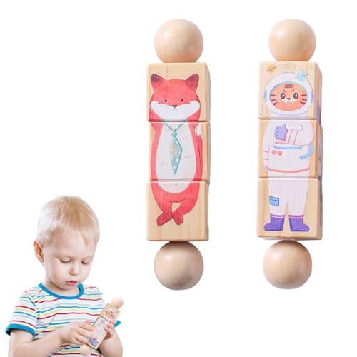 Image of Wooden Animal Puzzle Toy for Toddlers 1-3, Rotating Spin Twist Blocks Set of 2, Learning Educational Montessori Toy Gifts for Kids Boys Girls, Fox and Tiger