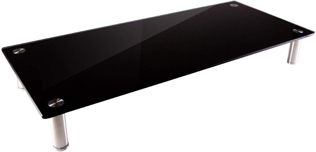 Monoprice Medium Multimedia Desktop Stand, Black Glass (27.6" x 12.2" x 3") - Stand & Riser, Laptop Stand, Desktop TV Stand, Dual Monitors w/ Height Adjustable Legs - Workstream Collection (116360) Black Glass 25.6" x 11.0" Standard Stand