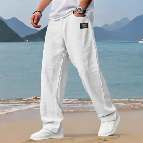 Mokaloha Mens Pants, New Men's Casual Hemp Fabric Embroidered Logo Drawstring Loose Elastic Waist Pocket Trousers3