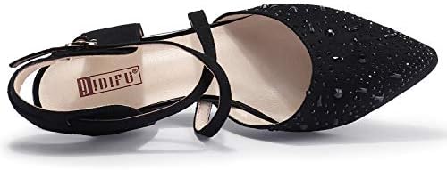 IDIFU Women's Sequins Wedding Kitten Small Heel Shoes Ankle Strap Bridal Bride Dance Dress Shoes - Silver Gold Black（Black Suede, 8） | Image 4