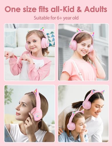 Image of Cat Ear Bluetooth Headphones with Micphone for Kids & Adults, LED Light Up Wireless HI-FI Sound Quality, Over-Ear Headphones with Volume Control for iPhone /iPad /Laptop /PC(55H Play Time)