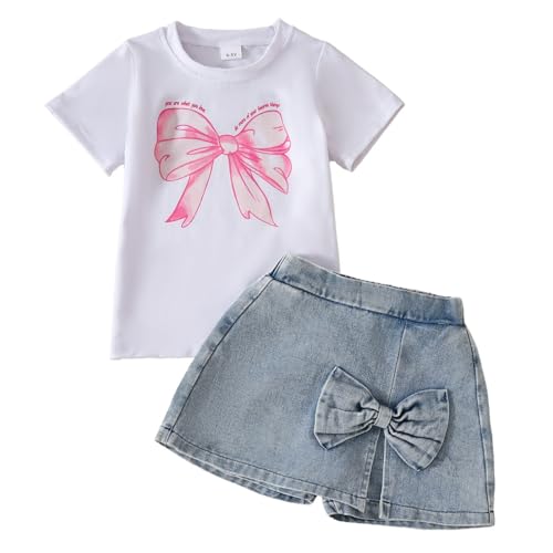 Azmxynol kid Young Girl Clothes Outfits Cute Sweet Bowknot Print T-Shirt + Bowknot 2 In 1 Denim Short Summer Clothing Set(5-6T)