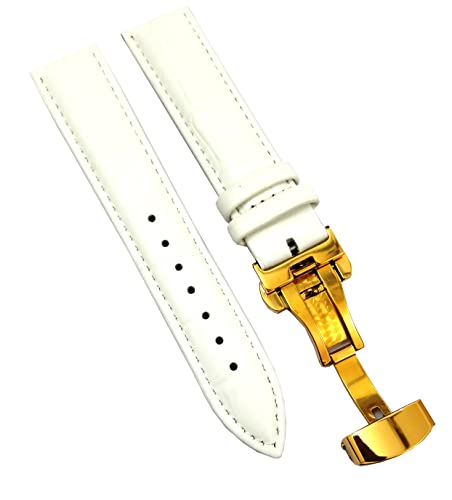 Image of 18mm 19mm 20mm 21mm 22mm 23mm 24mm Genuine Leather Butterfly Deployment Clasp Buckle Watch Band Strap Black Dark Brown TAN Blue Rose Black Gold White