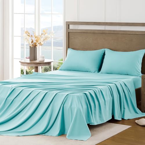 Image of FreshCulture Full Sheet Set - Ultra Soft Sheets Full Size Bed - Brushed Microfiber - Deep Pockets - Easy Care - Cooling & Breathable Sheets - 4 Pieces Hotel Luxury Full Size Bed Sheets (Spa Blue)