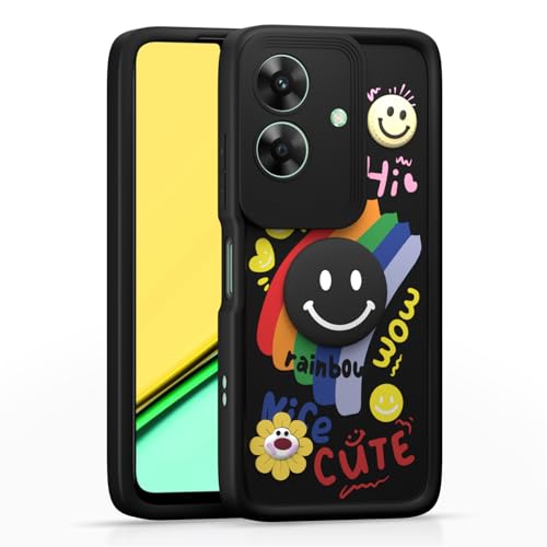 Image of Pikkme Back Cover for Realme Narzo N61 / Realme C61 4G | Soft Silicone| Cute Rainbow Smile & 3D Cartoon Flower Design | Shockproof Raised Camera Protection Bumper Case (Black)