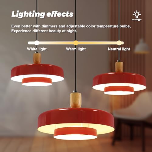 Image of Mid-Century Pendant Light Kitchen Island Chandelier Light Fixture Vintage Small Ceiling Light with 2-Tiers Metal Shade for Dining Room Living Room (Red)