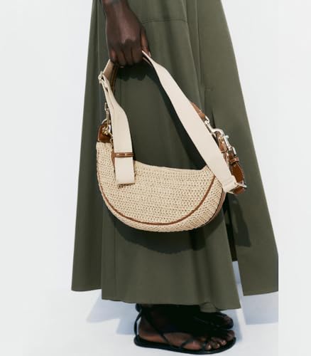 Image of Straw Crossbody Bags for Women Beach Woven Hobo Handbag Summer Chic Crescent Shoulder Purses with Adjustable Strap 2025 Khaki