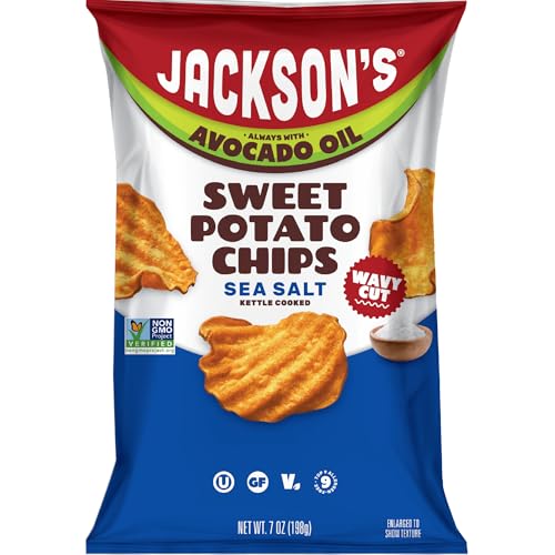 Jackson’s Wavy Sweet Potato Kettle Chips - with Sea Salt made with Avocado Oil (7oz, Pack of 6) - Allergen-friendly, Gluten Free, Peanut Free, Vegan, Paleo Friendly - Shark Tank Product