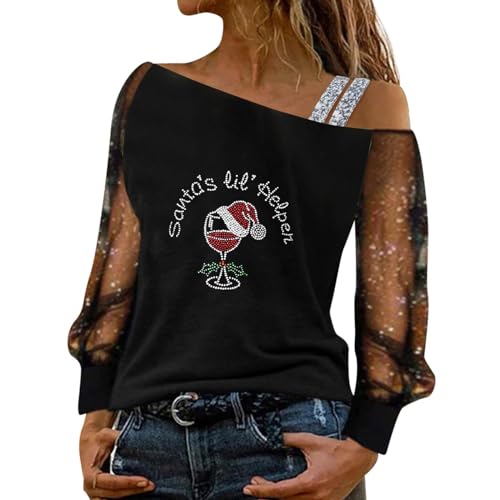 Christmas T Shirts for Women Casual Red Wine Glass Gradient Sequin Print Mesh Long Sleeve Spliced ​​Top Daily Blouse Loose Fit Sweatshirt C-257