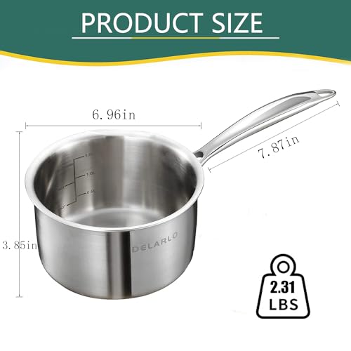 Delarlo 2.0QT Tri-Ply Stainless Steel Sauce Pan, Stainless Steel Pot 2 Qt, All Stove Compatible 600℉(Lids 300℉), 2 Quart Saucepan With Lid, Fast Even Heat, 2 Qt Pot With Lid, Dishwasher Safe, Induction Pot thumb #2