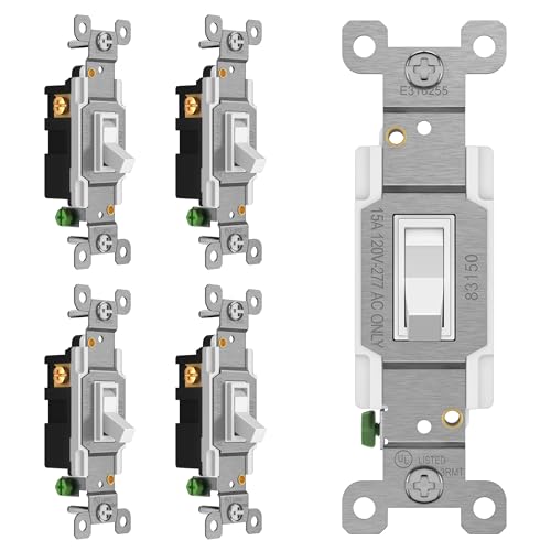 ENERLITES Toggle Light Switch, 3-Way or Single Pole, 15A 120-277V, Grounding Screw, Residential Grade, UL Listed, 83150-W-5PCS, White (5 Pack)
