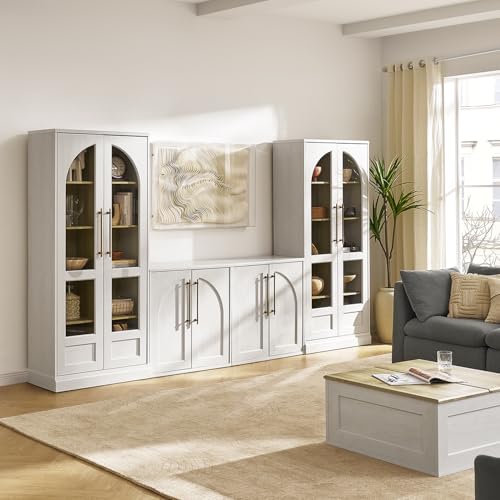 mopio Blake 4 Piece Entertainment Center with Storage Modern Farmhouse Arched Wall Unit Cabinet TV Stand with Tall Display Cabinets for up to 65 TVs Trophy Display Case Media Console Cabinet