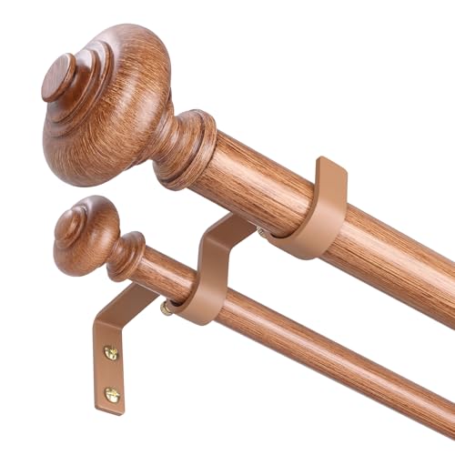 Wood Double Curtain Rods for Windows 72 to 144 inch, Boho Vintage Decorative 1 Inch Adjustable Long Dual Curtain Rod, Heavy Duty Farmhouse Double Drapery Pole with Imitation Wood Grain Finial