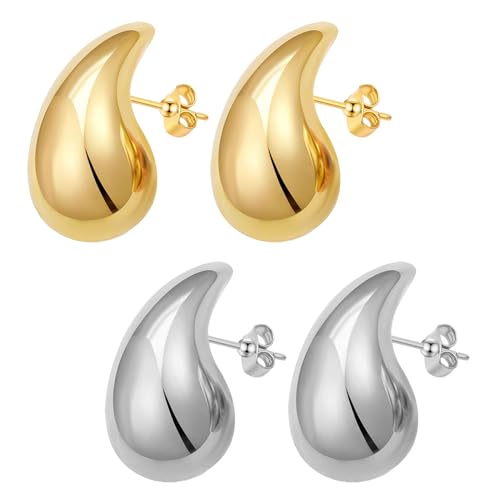 Chunky Gold Hoop Earrings Lightweight Teardrop Earrings for women Hypoallergenic Gold Plated Earrings for Women Chunky Earrings Gold Tear Drop Earrings Fashion Jewelry for Women Girls (Gold+Silvery)