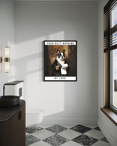 Image of Boston Terrier Gothic Bathroom Black Framed Wall Art Print Poster, Dog Pet Lover Picture Painting Artwork Bedroom Living Room Office Dining Room 150D (Boston Terrier Gothic Bathroom, 10 inchL x 8 inchW, Black Frame)
