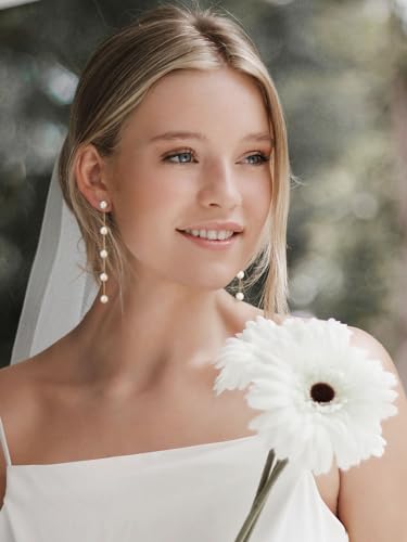 SWEETV 14K Gold Plated Long Pearl Drop Dangle Earrings for Women, Tassel Chain Baroque Pearl Wedding Bridal Earrings for Brides Bridesmaids, Prom Jewelry Gifts4