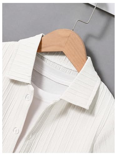 Image of RoseSeek Boy's 2 Piece Outfits Textured Button Down Short Sleeve Collar Shirts Tops and Elastic Waisted Pants White 4Y