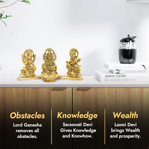 Image of Kalakriti God Idols for puja Room Metal Antique Ganesh laxmi Saraswati Idol Murti |Decorative Platter with Diya, Sitting Blessing Ganpati for Diwali Decoration Festival, Golden