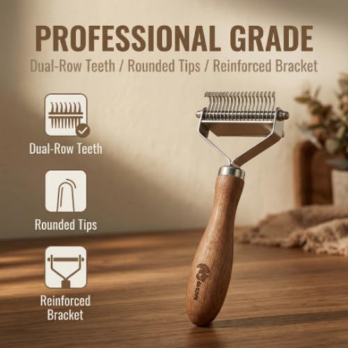 Cat Dematting Comb for Long Haired Cats, 2-in-1 Undercoat Rake for Mats, Tangles & Loose Fur, Double-Sided Grooming Tool