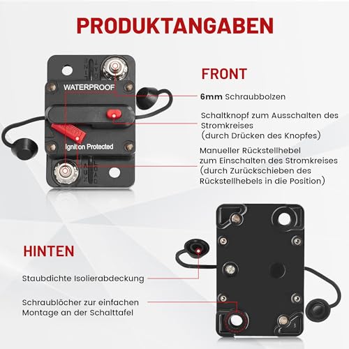 RED WOLF 60A Schutzschalter mit Manueller Reset Sicherungshalter Wasserdicht kfz Leistungsschalter für Auto Boot Wohnmobil LKW Audio Motor 12-48V DC Sicherungsautomat