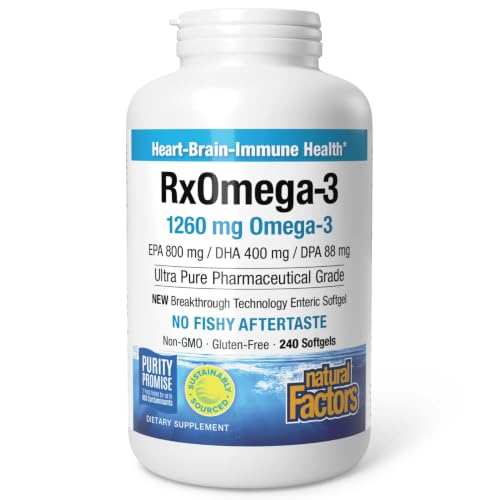Natural Factors, RxOmega-3 Fish Oil, Pharmaceutical Grade, 1260 mg Omega-3 Per Serving, No Fishy Aftertaste, 240 Count (Pack of 1)
