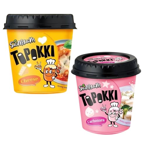 SamSam Instant Tteokbokki Topokki Korean Rice Cakes Chewy Street Snack Multi Flavours Carbonara Cheese Curry Garlic Teriyaki Jjajang Rose Original Sweet & Spicy (Carbonara 120g + Cheese 120g)