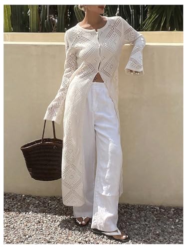 Floerns Women's Hollow Out Button Down Long Cardigan Crew Neck Long Sleeve Knit Sweater2