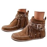 Brown Boots Wide Calf,Boho Western Cowboy Fringe Boot Suede Retro Ankle Womens Moccasins Round Toe Flats Winter Warm Outdoor Short Booties Zipper Tassel Pull On Low Heel Mid Calf Dress Shoes