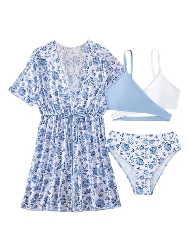Milumia Girl's 3 Piece Swimwear Floral Print Criss Cross Bikini Set with Cover Ups