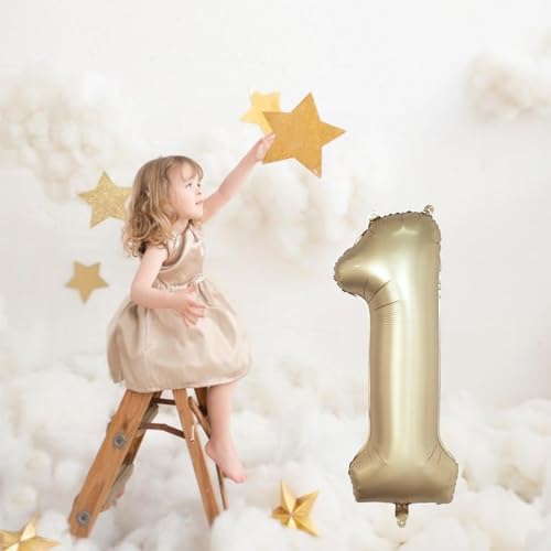 Image of 40 Inch Gold Number 1 Balloon for 1st Birthday Decoration, Metallic Light Gold Mylar Foil Number Balloons 0-9 for Boys Girls, Champagne One Helium Balloons for Women Men 1st Anniversary Party Supplies