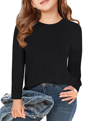 Haloumoning Camiseta de manga larga para niñas, camiseta básica de cuello redondo, top infantil de un solo color, linda camiseta de manga larga, casual, 5-14 años, Negro , 11-12 años