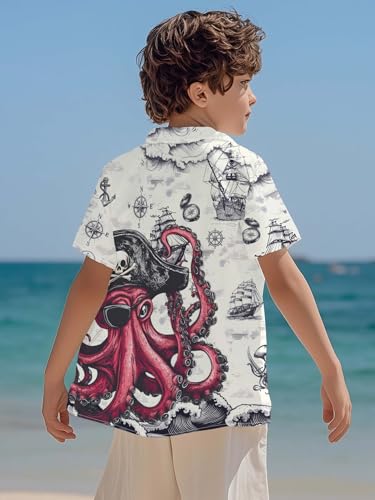 Image of THE PIRATE KING Funny Pirate Hawaiian Shirt Boys Girls Beach Tropical Casual Short Sleeve Button Down Shirt for 5-14 Years