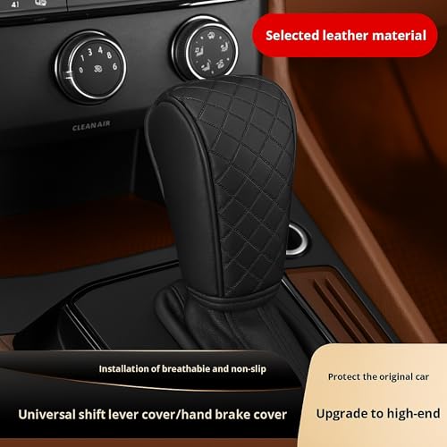 Image of DETACHI Car Gear Knob Cover Premium PU Leather Black Non Slip Waterproof Gear Shift Protector Universal Fit for Cars SUVs Trucks Durable Diamond Design Handbrake Cover Stylish Car Interior Accessory