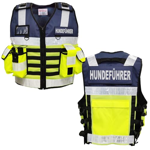 EXPLOSIV Reflektierende Multi-Taschen Security Sicherheitsweste, Größe M-2XL (verstellbar), navy-yellow (Hundeführer)