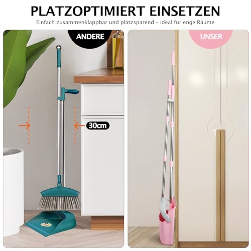 XXFLOWER Besen und Kehrschaufel Set mit langem Stiel,Kehrbesen mit Schaufel,Kehrset mit Ausziehbarem Stiel,Kehrblech Broom and Dustpan Set für Haushaltsreinigung Büro (Grau-Rosa)