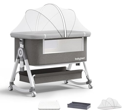 4 in 1Baby Crib Baby Bassinet Bedside Sleeper 6 Adjustable Height Cosleeper for Baby Easy Folding Portable Baby Bed Rocking Bassinets with Comfy Mattress Mosquito Net Storage for Infant Newborn