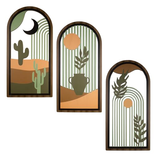 YunBey Lot de 3 Décorations Murales Boho en Arche, 40x20 cm Vert Sauge en Bois avec Cactus Soleil Lune Plante, Décoration Murale Minimaliste Mid Century...