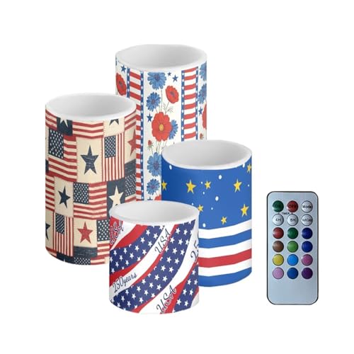 Image of Novelty American Flag Decorative Flickering Flameless Candles with Battery Powered LED Candles with Remote Timer Control 4 Pcs Set for July 4th American Independence Day Theme