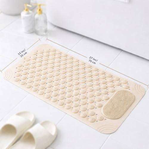 Image of HOMEZE Rectangular Anti Skid Bath Mat, 70 X 35, Beige | Foot Scrubber, Suction Cups, Drain Holes, Silicone, For Kids & Adults