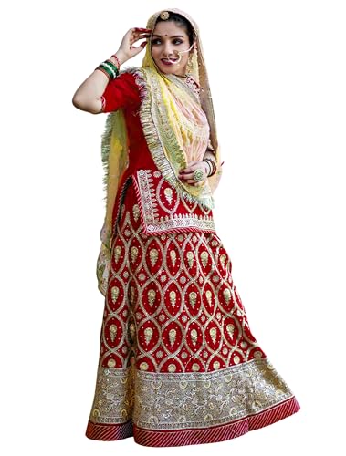 Image of Heavy Embroidery Work Semi Stitched Shimmer Silk Rajputi Poshak For Women Rajasthani Lehenga Choli