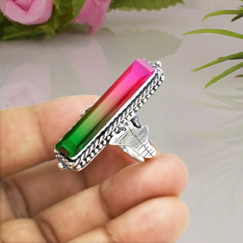 Miniatura 4 de Watermelon Tourmaline Gemstone Ring 925 Sterling Silver Multicolor Stone Ring Handmade Long Rectangle Bar Ring For Women Elegant Tourmaline Jewelry
