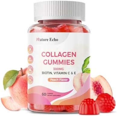Collagen Gummies with Biotin, Vitamin C & E, 300mg Hydrolyzed Collagen Peptides for Hair, Skin & Nail Support, Peach Flavor, Sugar Free, Gluten Free, 30 Day Supply