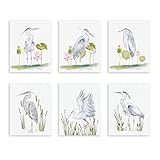 XUOIAYNB Watercolor Heron Art Print- Crane with Lotus Reed Canvas Wall Art- (8”X10”X6 pcs, Unframed)- Animal Bird Themed Print for Bedroom Garden Farmhouse Summer Decoration